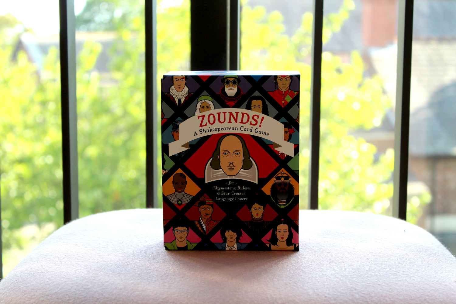 Zounds! Shakespeare card game box with a window behind showing a backdrop of some greenery.