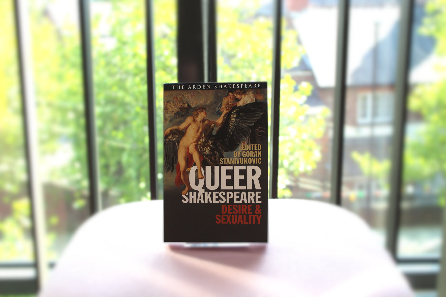 A book is on display - Queer Shakespeare with a window behind showing a backdrop of some greenery.
