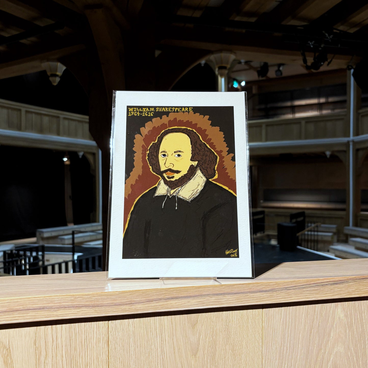 A print with an illustration of William Shakespeare. Illustrated by Peter Eric Lang.
