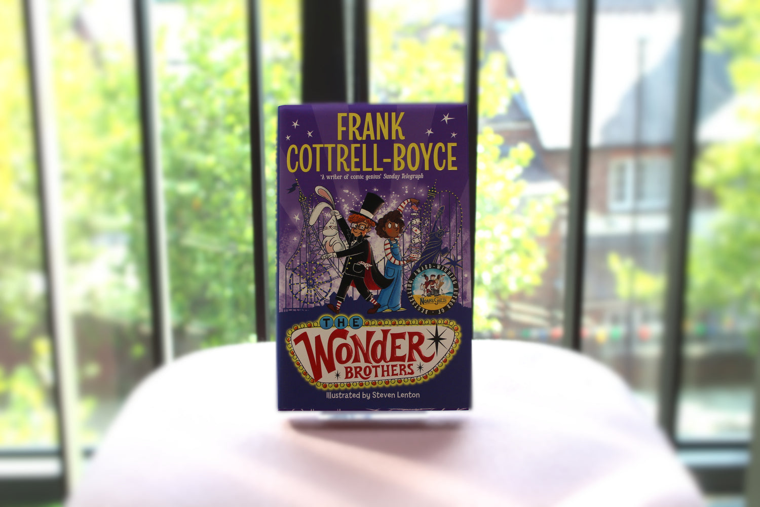 A book is on display - The Wonder Brothers by Frank Cottrell-Boyce with a window behind showing a backdrop of some greenery.