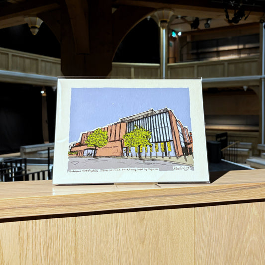 A print featuring an illustration of the Shakespeare North Playhouse building, illustrated by Peter Eric Lang