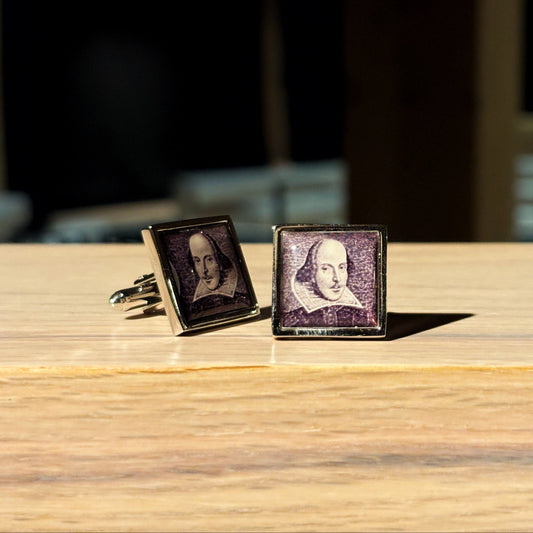 Cufflinks featuring Shakespeare's portrait.