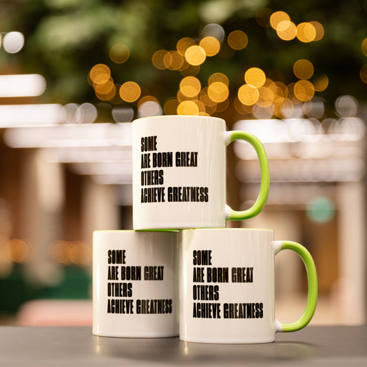 A stack of three mugs featuring the quote "Some are born great, others achieve greatness" from Twelfth Night, Act Two, Scene Five.